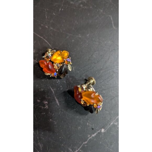 Vintage Lisner Clip-On Earrings Orange  Black Leaf Gold-Tone  Rhinestones MCM - Picture 7 of 8